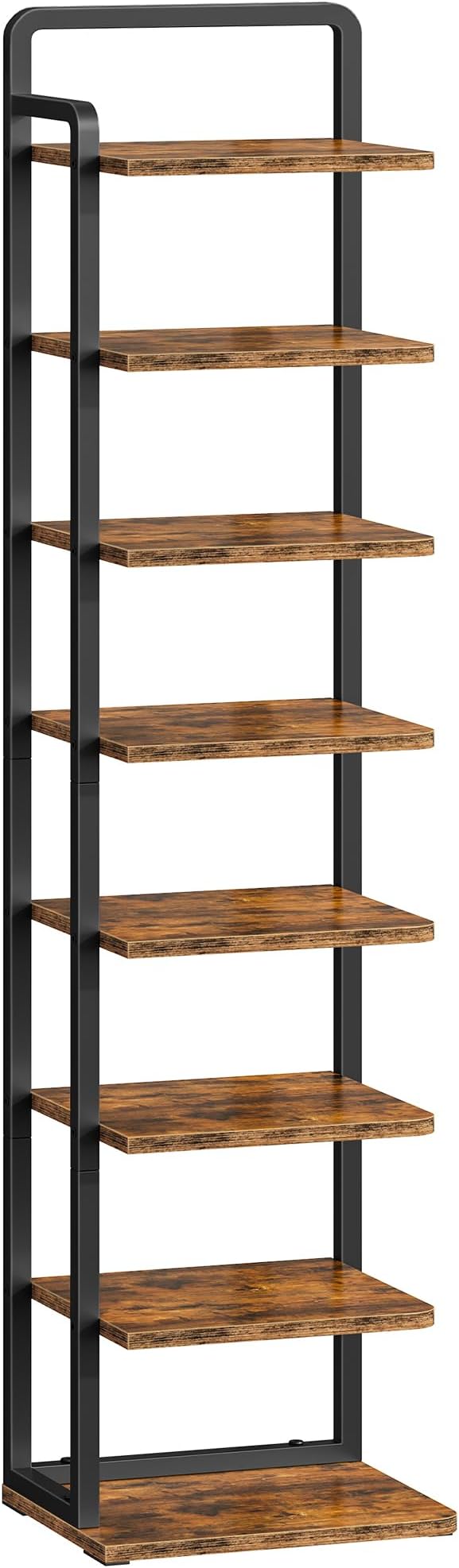 8-Tier Vertical Shoe Rack, Narrow Shoe Tower, Corner Shoe Storage Organizer, Shoe Shelf, for Small Spaces, Industrial Style, for Entryway, Hallway, Living Room, Rustic Brown and Black TXJ08BF