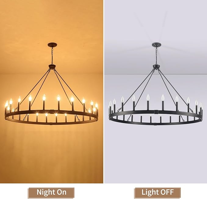 24-Light Black Wagon Wheel Chandelier Farmhouse, 48" Extra Large Chandeliers for High Ceilings, Round Matte Black Chandeliers for Dining Room, Kitchen Island, Foyer, Living Room, Entrance