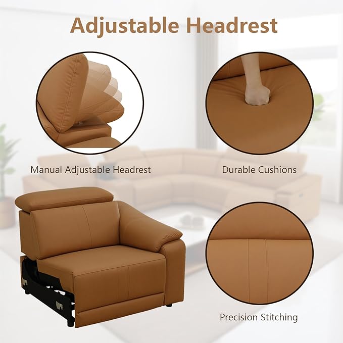 Power Reclining Sectional Sofa with Console，5 Seats Leather Sectional Couch Living Room Set L Shaped Couch with Cup Holders/USB Charging/Manual Adjustable Headrests,Ginger