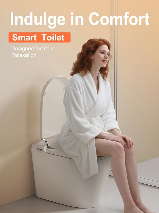Smart Toilet with ADA Comfort Height Heated Seat, Night Light, Tankless Auto Toilet Flushing, Foot Sensor Operation, Modern Elongated One-Piece Toilet for Bathrooms
