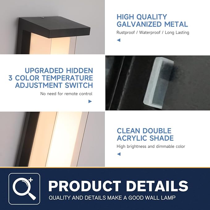 Outdoor Porch Light,15%-100% Dimmable Indoor Wall Light Fixtures,3000K/4000K/6500K Adjustable,24W Exterior Wall Lighting,Waterproof Outdoor Modern Wall Sconce Lights,2160LM Indoor Wall Sconce 2 Pack