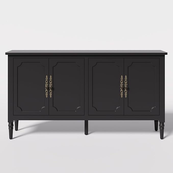 Console Table, 58'' Mid Century Modern Pantry Cabinet, Wood Buffet Sideboard, Media Credenza with 4 Doors, Accent Storage for Entryway, Living Room, Bedroom, Dining Room (Black)