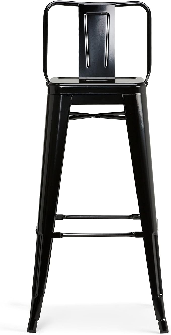 SIMPLIHOME Rayne Bar Stools (Set of 2) - 30 inch Seat Height Industrial Metal Chairs in Black, Urban-Style Seating for Kitchen or Bar with Curved Back, Under-Seat Cross Brace, and Footrest