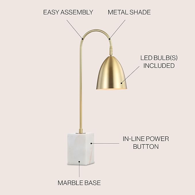 JONATHAN Y 26" Brass Gold Arched Metal Table Lamp with White Marble Base, Modern Glam Desk Lamp for Living Room, Bedroom or Home Office, LED Bulb Included JYL1092A