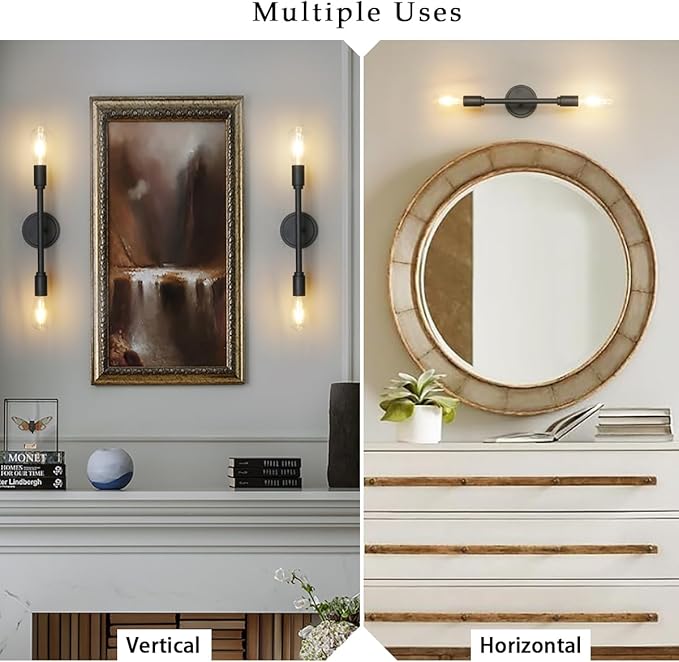 Phansthy Wall Sconces Set of Two, Modern Sconces Wall Lighting Fixtures, 2-Light Bathroom Light Over Mirror, Indoor Ceiling Light/Wall Light for Bedroom, Living Room (Black 2 Pack)