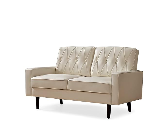 Container Furniture Direct Modern Style Faux Leather Loveseat with Elegant Round Tapered Legs and Button Tufted Backrest Perfect for Living Room, Bedroom or Home Office, 57.5’’ Wide, White