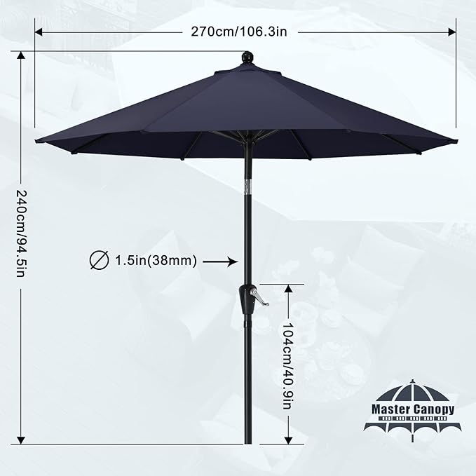 MASTERCANOPY 9FT Patio Umbrella with Push Button Tilt and Crank, Outdoor Market Umbrella with 8 Sturdy Ribs, UV Protection & Waterproof for Garden, Deck, Backyard, Pool (Navy Blue)
