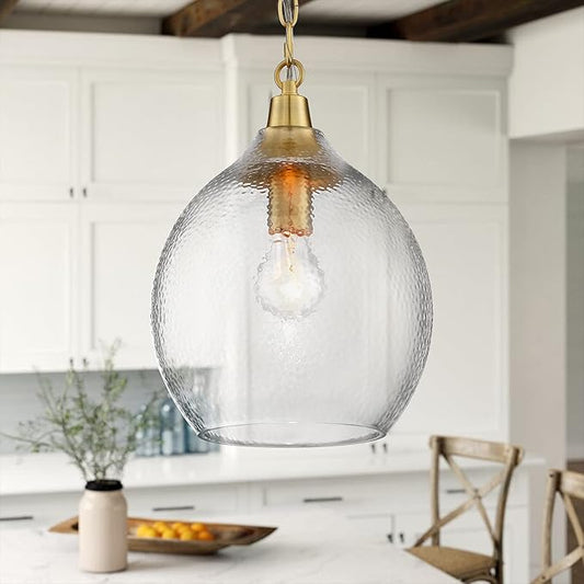 Untrammelife Glass Gold Pendant Light 1-Light 9" Globe Ceiling Lighting Modern Hanging Light Fixture with Hammered Glass Gold Chandelier Adjustable Chain Brushed Brass Finished