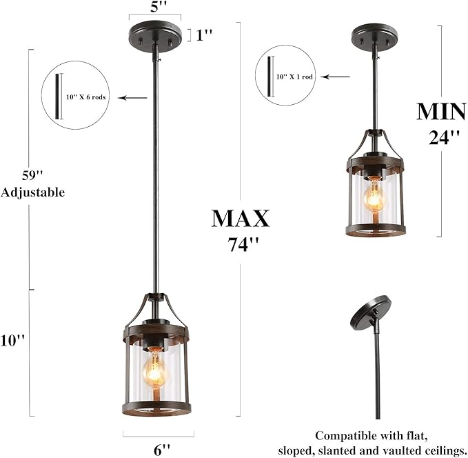 Farmhouse Wood Chandelier, Round Wagon Wheel Light Fixture with Seeded Glass Shades & LNC Farmhouse Mini Faux Wood Pendant Lighting with Clear Cylinder Glass Shade, Brown