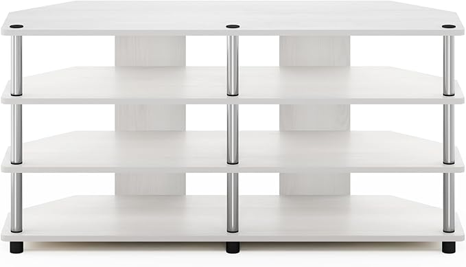 Furinno ECON TV Stand, 4-Tier Corner Entertainment Center, TV Console for TV up to 55 Inch, Easy Assembly, for Living Room, Bedroom, White Oak/Stainless Steel Tubes