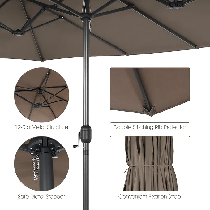 Tangkula 15Ft Double-Sided Patio Umbrella, Outdoor Extra Large Umbrella W/Hand-Crank System & Air Vents, Market Twin Umbrella W/ 12-Rib Sturdy Metal Frame for Poolside, Garden Backyard (Tan)