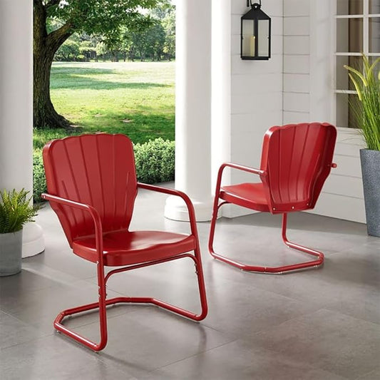 Crosley Furniture Ridgeland 2-Piece Outdoor Chair Set, Retro Metal Patio Chairs for Dining, Porch, Deck, Red
