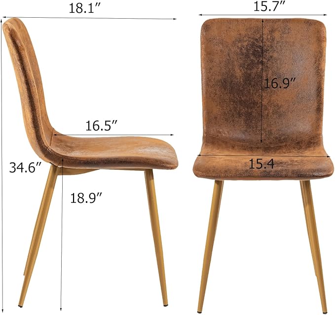 FurnitureR Set of 2 Dining Chairs, Suede Upholstered Side Chair with Mid Back, Soft Seat and Sturdy Metal Legs for Kitchen Dining Room, Brown