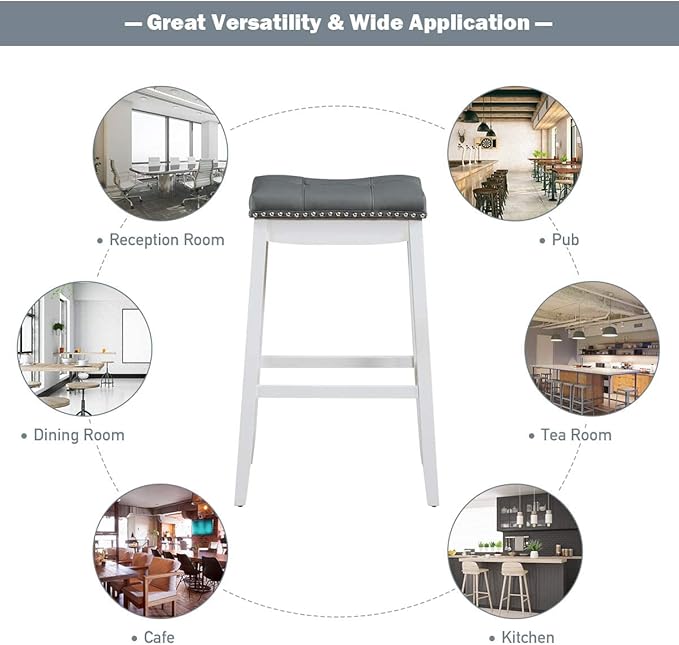 COSTWAY Bar Stools Set of 2, 29-Inch Height Backless Counter Stool with Footrest, Soft Seat Cushion, Wood Legs and Non-Slip Foot Pad, Saddle Stools for Home Kitchen Living Room, Stone Gray+White