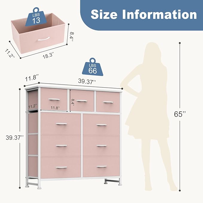 DUMOS 9 Drawer Dresser for Bedroom, Fabric Storage Organizer with Sturdy Metal Frame, Wooden Top Chest of Drawers for Closet Entryway Guest Room,Pink