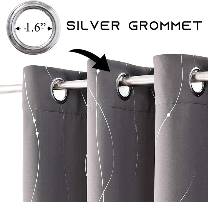 NICETOWN Blackout Curtains for Bedroom, Foil Printed Wave Lines with Dots Energy Saving Thermal Insulated Solid Grommet Blackout Draperies for Patio (1 Pair, 52 inches by 95 Inch, Grey)