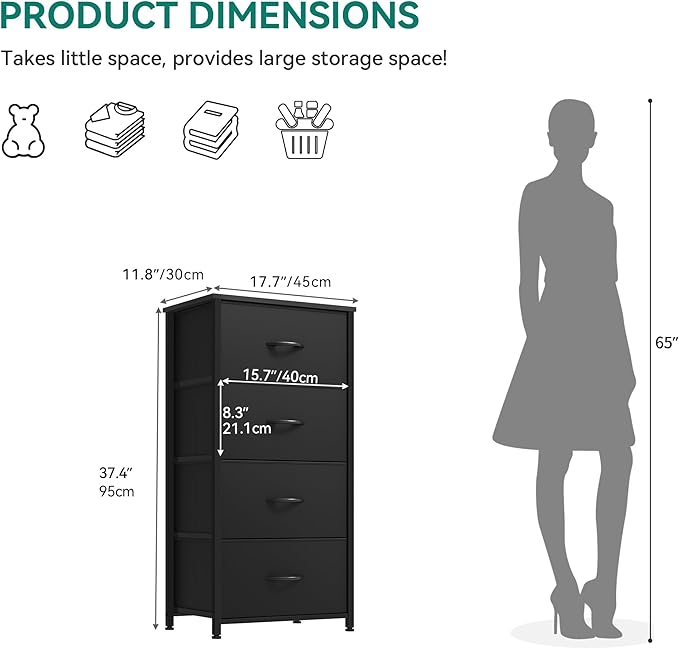 YITAHOME Storage Tower with 4 Drawers - Black Fabric Dresser, Organizer Unit for Living Room, Closets - Sturdy Steel Frame, Easy Pull Fabric Bins & Wooden Top