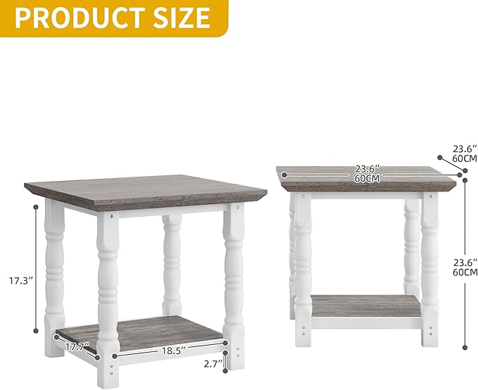 DWVO Farmhouse Square Coffee Table, Antique Accent Side Table with Floor Shelf, 23.6"x 23.6" Living Room Furniture, Vintage Ivory & White