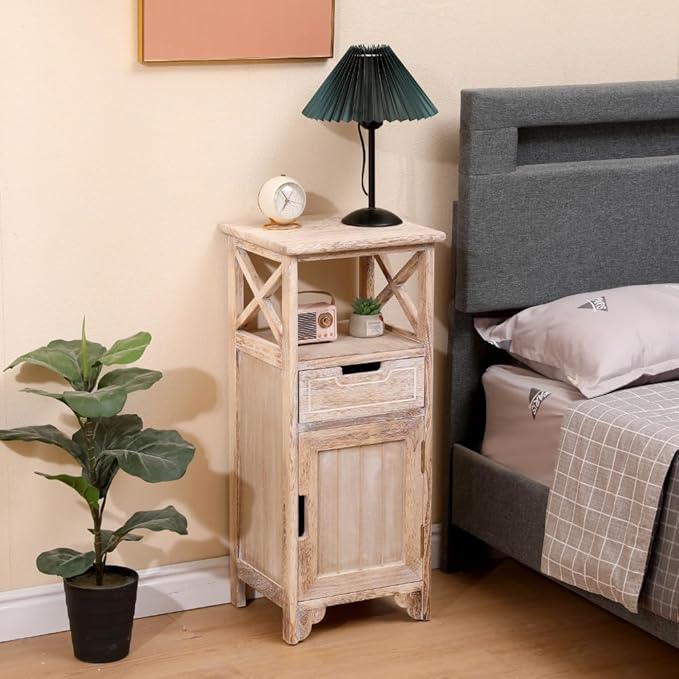 Fully Assembled 30in Height Nightstand, Pre- Assembled Bathroom Floor Cabinet with Shelf and Storage Drawer, Tall End Table No Assembly Chest for Living Room Bedroom-Distressed White