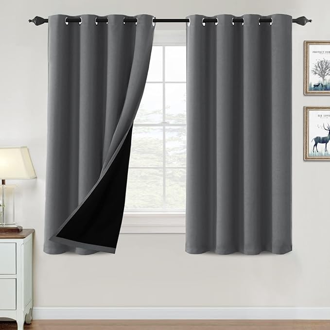 H.VERSAILTEX 100% Blackout Curtains for Bedroom Thermal Insulated Blackout Curtains 54 inch Length Full Light Blocking Curtains for Living Room with Black Liner 2 Panels Set, Grey