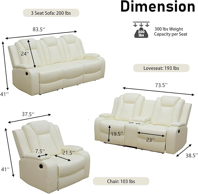 Breathing Leather Power Reclining Sofa, Living Room Furniture with 2 Recliners, 3 Seater Leather Couch with Flip-Down Table/USB Charging for Office/Home Theater (Creamy White, 3-Seat Sofa)