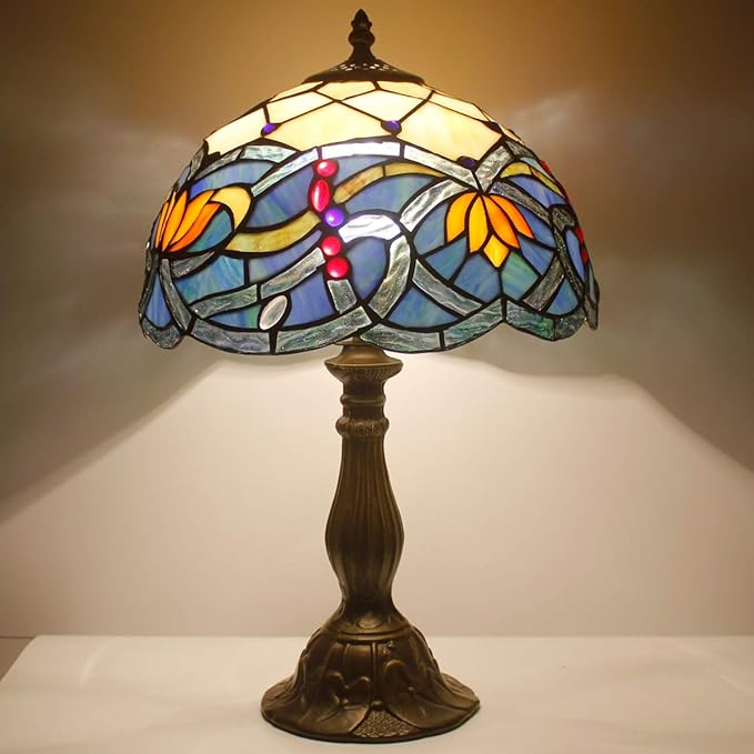 WERFACTORY Tiffany Table Lamp Stained Glass Bedside Lamp Blue Lotus Desk Reading Light 12X12X18 Inches Decor Bedroom Living Room Home Office S220 Series