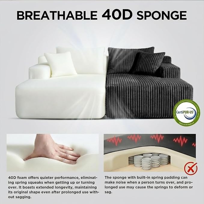 Sytopia Loveseat Chaise Lounge with Armrests, Oversized Sofa Bed with 4 Pillows, Cozy Boneless Sleeper, Modular Sectional Couch for Living Room Bedroom, Floor Chair Furniture sala Corduroy