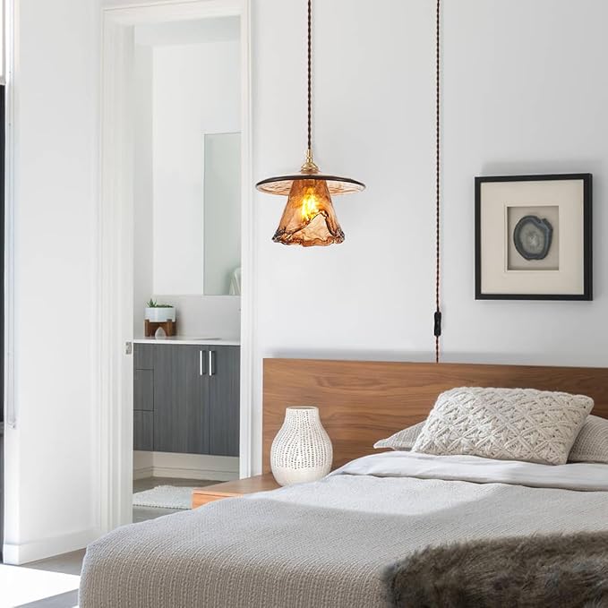 YLONG-ZS Vintage Glass Hanging Pendant Light Plug in, Modern Gold Brass Pulley Hanging Ceiling Pendant Lights for Kitchen Island,Dining Room,Living Room,Bedroom,Corner, Hotel