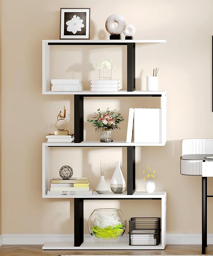 DWVO 5-Tier Geometric Bookshelf, S Shaped Bookshelf Modern Freestanding Display Shelves, Geometric Bookcase Decorative Storage Shelving for Living Room, Home Office, White