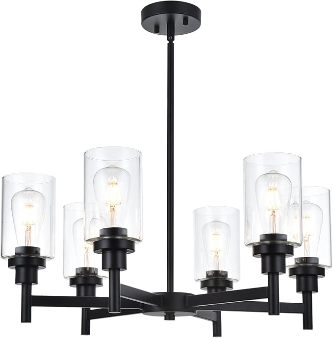 VINLUZ 6 Light Industrial Chandelier Black Pendant Lighting Hanging Fixture with Cylinder Clear Glass for Kitchen Bedroom Dining Room