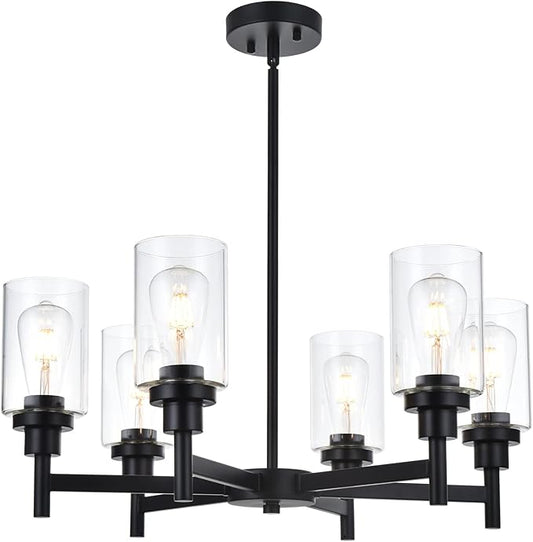 VINLUZ 6 Light Industrial Chandelier Black Pendant Lighting Hanging Fixture with Cylinder Clear Glass for Kitchen Bedroom Dining Room