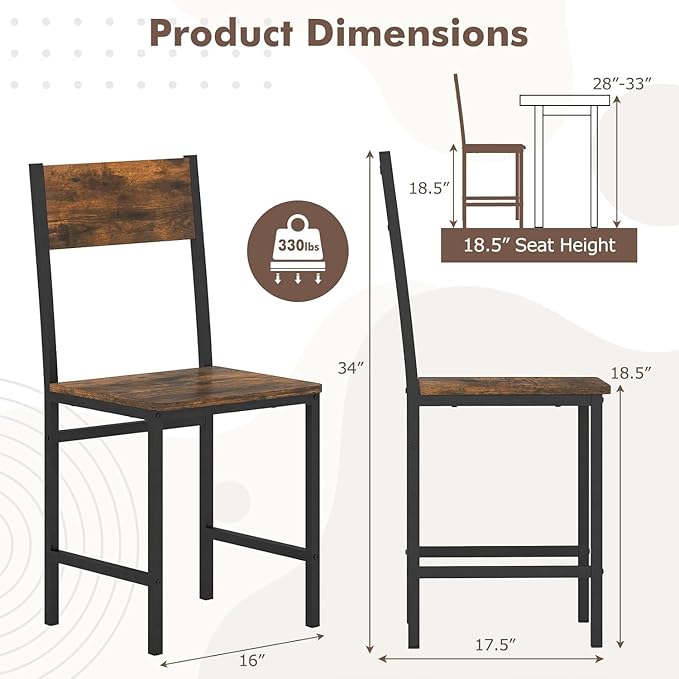 COSTWAY Dining Chairs Set of 4, Rustic Wood & Metal Frame Industrial Farmhouse Armless Side Chairs with Wide Comfy Seat & Slanted High Back for Dining Room, Kitchen, Home, Restaurant