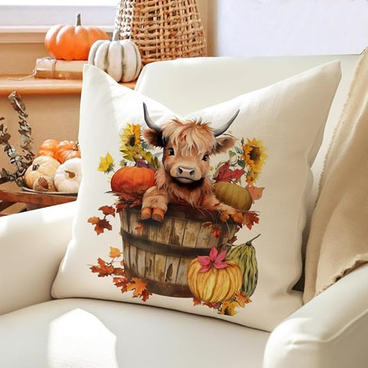 RABUSOFA Fall Decor Pillow Covers 18x18 Inch Highland Cow Autumn Decorations for Home Outdoor Thanksgiving Hello Pumpkin Sunflower Decor Decorative Throw Pillow Cases for Couch Burnt Orange