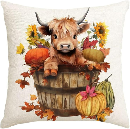 RABUSOFA Fall Decor Pillow Covers 18x18 Inch Highland Cow Autumn Decorations for Home Outdoor Thanksgiving Hello Pumpkin Sunflower Decor Decorative Throw Pillow Cases for Couch Burnt Orange