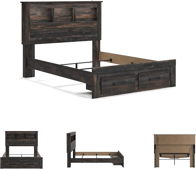 Signature Design by Ashley Drystan Rustic Queen Bookcase Bed with 2 Storage Drawers and LED Light, Foundation or Box Spring Needed, Dark Brown & Gray
