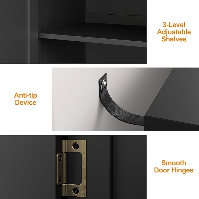 63" Carved Buffet Cabinet with Mirrored Door, Modern Console Cabinet with Storage and Adjustable Shelves, Wood Media Cabinet for Entryway, Living Room, Bedroom, Dining Room, Bathroom (Black)