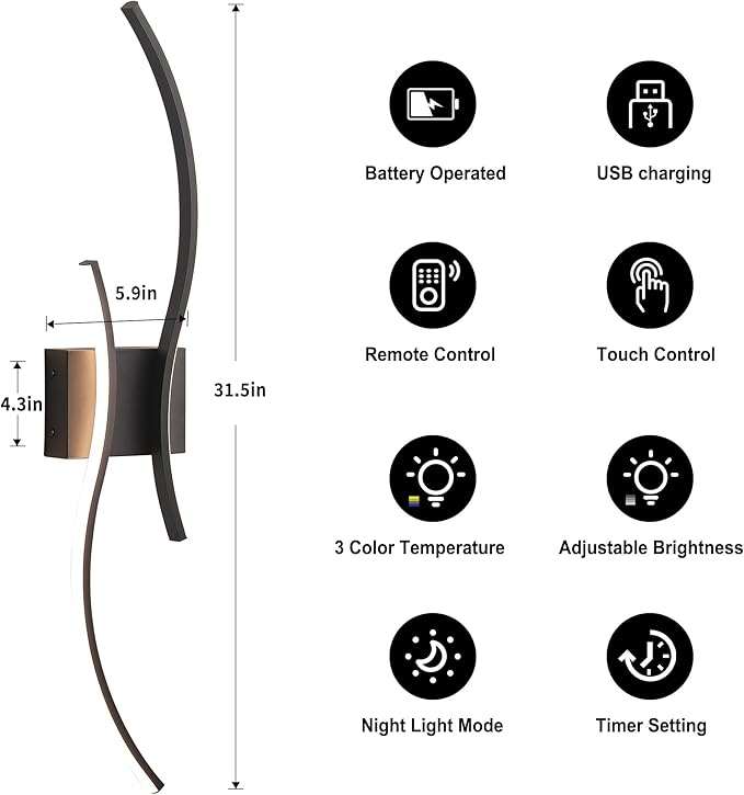 Battery Operated Wall Sconces Set of Two with Remote Control, Battery Wall Light, Stepless Colors 3000K-6000K & Dimming, Black Rechargeable Wall Sconces for Living Room, Hallway, Bedroom, 31.5 Inch