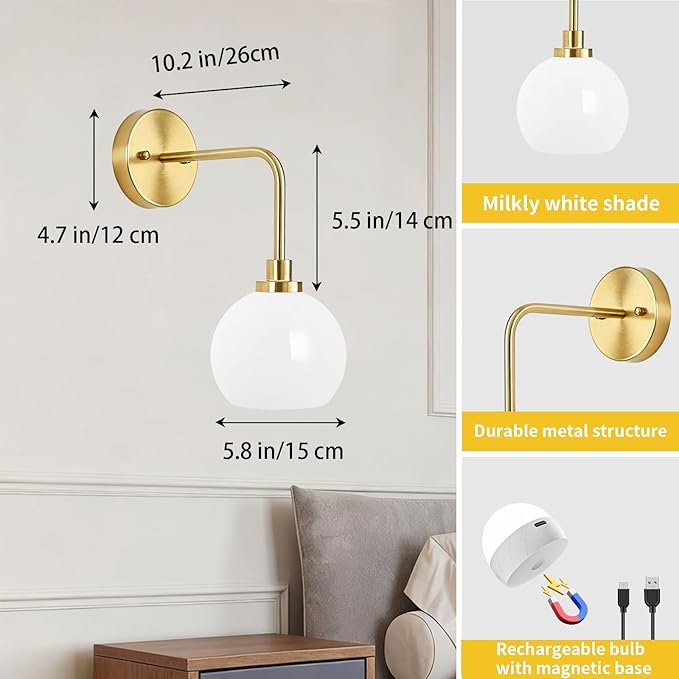 Battery Operated Wall Sconces Set of 2, Gold Rechargeable Wireless Wall Lights with Milky White Shade, 12 RGB and 3CCT Dimmable Wall Lamps with Remote for Bedroom Living Room Hallway