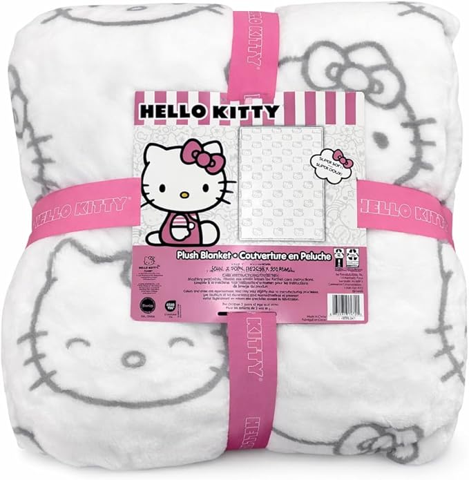 Jay Franco & Sons, Inc. Hello Kitty Plush Throw Blanket, White - Gray Hello Kitty Faces, Full/Queen