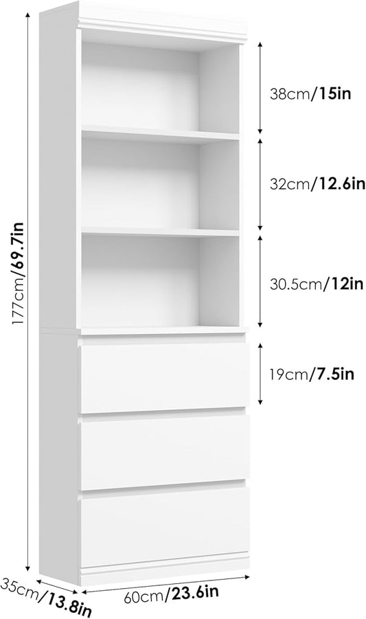 GarveeHome 70 in Bookcase with Drawers, Tall Bookshelf Farmhouse Bookcases Wooden Deep Bookshelves Storage Cabinet Organizer for Living Room, Study, Kitchen, Home Office