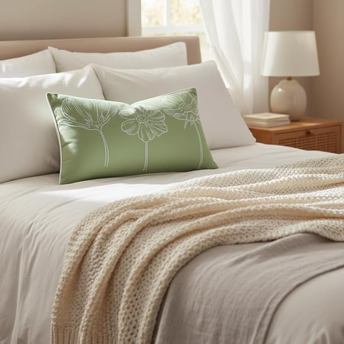 Sunkifover Decorative Floral Lumbar Pillow Cover 12x20 Inch Sage Green and White Cotton Embroidery Flower Throw Pillowcase Cushion Cover for Bed Bedroom, Living Room, Sofa