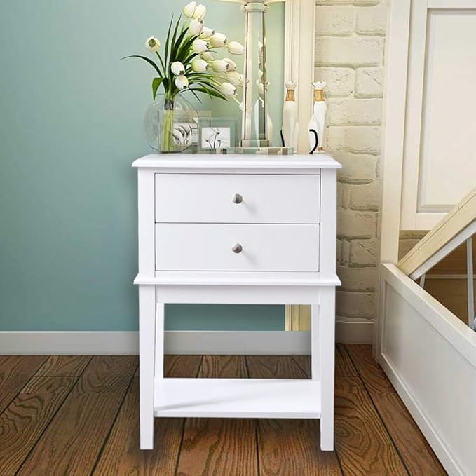 conifferism White Nightstand 2 Drawers and Storage Shelf, 28 Inch High Bedroom Night Stand, Contemporary Modern Bed Side Table, Living Room Country Cottage 19 Inch Wide End Table Metal Sliders