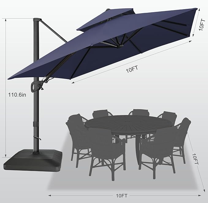 FLAME&SHADE 10x10 FT Cantilever Patio Umbrella - Aluminum Offset Umbrella with Tilt & 360-Degree Rotation, 3 Years Fade Resistance Fabric Large Patio Umbrella Outdoor for Deck Pool Garden - Navy Blue