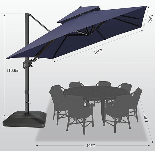 FLAME&SHADE 10x10 FT Cantilever Patio Umbrella - Aluminum Offset Umbrella with Tilt & 360-Degree Rotation, 3 Years Fade Resistance Fabric Large Patio Umbrella Outdoor for Deck Pool Garden - Navy Blue
