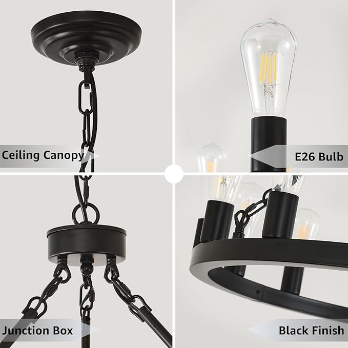 NILSE 15-Light Black Wagon Wheel Chandelier, 32" Round Chandelier for Porch, Iron Industrial Chandeliers Light Fixture for Living Room Kitchen Island Foyer Entryway, E26