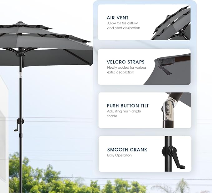 wikiwiki 9ft 3-Tier Patio Umbrella Outdoor Table Market Umbrella for Patio with Push Button Tilt/Crank, Fade Resistant Waterproof POLYESTER Canopy for Garden, Lawn, Deck, Backyard & Pool, Dark Gray