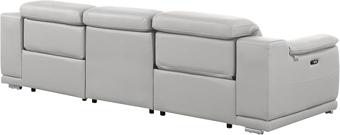 BlackJack Furniture Venice Top Grain Italian Leather Dual Power Recliner Sofa - 107" Theater Seating Modern Couch for Living Room Apartment Home with Adjustable Headrests & USB Port, Light Grey