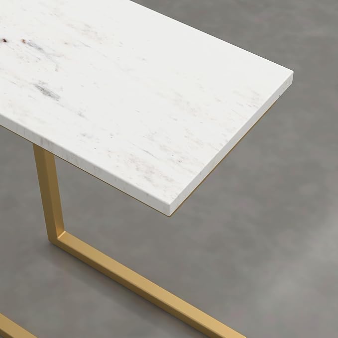 SIMPLIHOME Skyler Metal Table - 18 inch Wide Solid Iron C-Side Table with Genuine White Marble Top in Satin Gold, Contemporary Accent End Table for Living Room or Home Office with Slide-Under Design