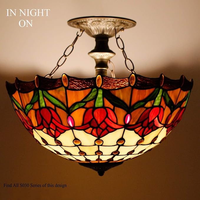 WERFACTORY Tiffany Ceiling Light Fixture Red Yellow Tulip Stained Glass Semi Flush Mount Lamp Wide 16 Inch Height 15 Inch Tiffany Ceiling Lamp S030 Series