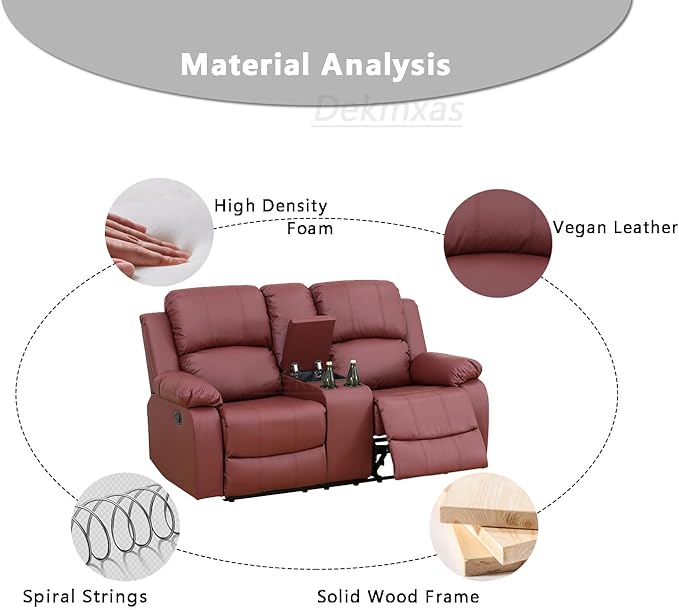 Modern Recliner Loveseat Vegan Leather Reclining Couch 2 Seater Manual Recliner Sofa Living Room Couch with Cup Holders & Storage Console for Home Theater/Office/Rv Car (Red, Loveseat)